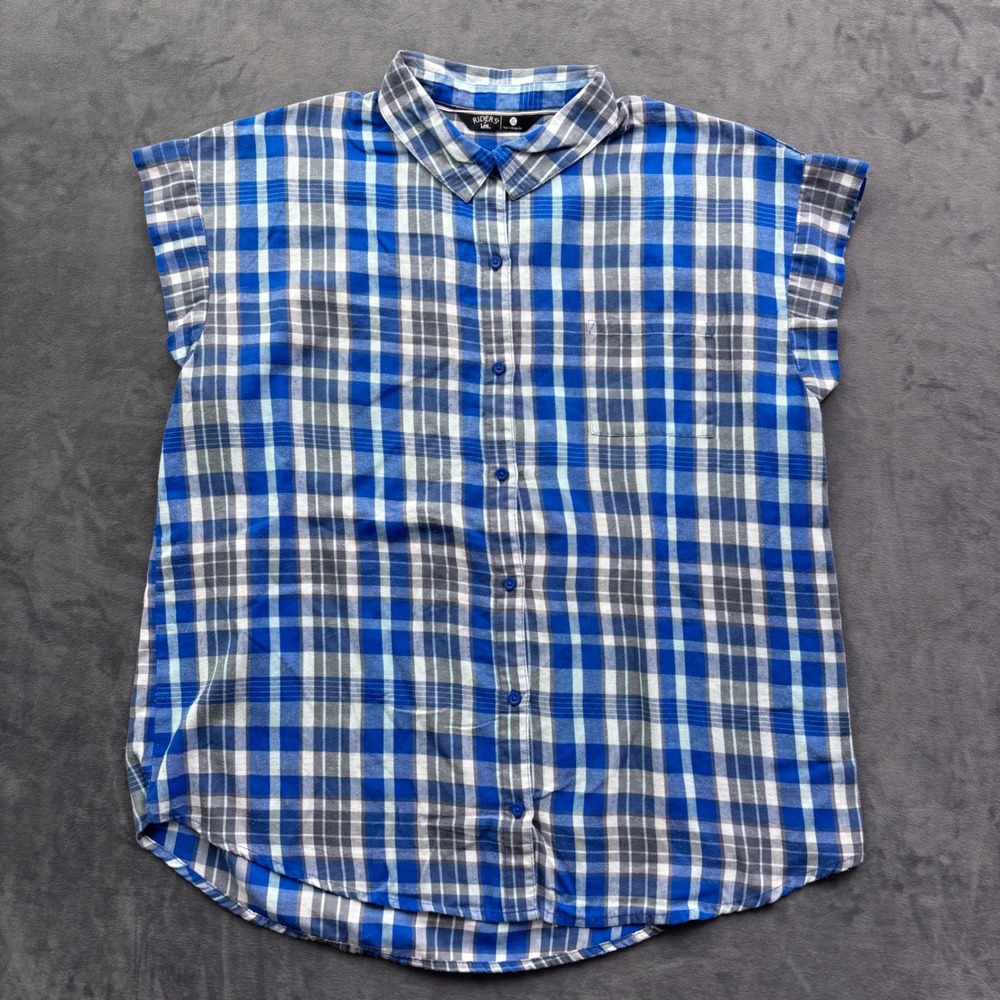 Riders by Lee Womens XL Blue Plaid Sleeveless Button Down Shirt Pocket Top